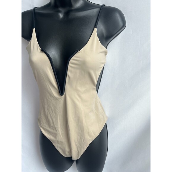 Reversible One Piece Swimsuit Black Beige Size S Plunging Open Back Minimalist - Picture 9 of 12